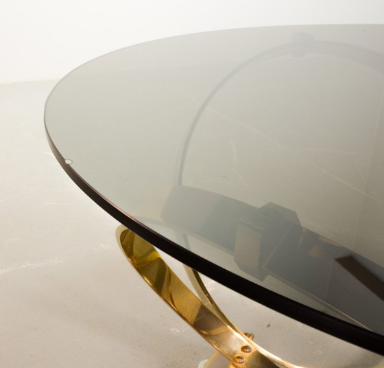 Image 1 of Mid-Century Design Knut Hesterberg Round Brass Coffee Table with Smoked Glass Top for Ronald Schmitt. Germany, 1970s. 