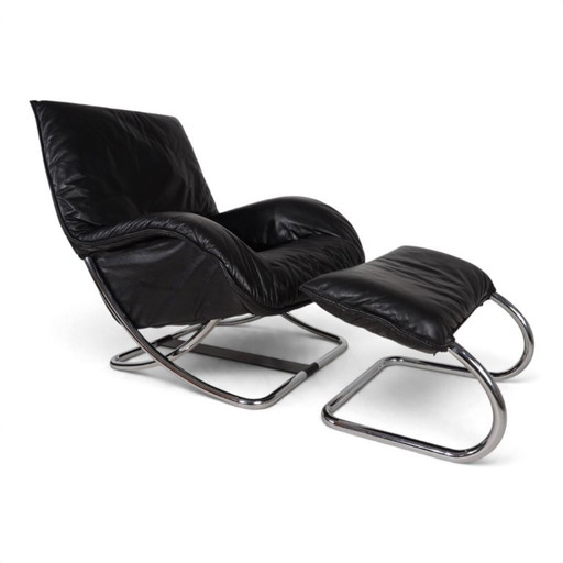 Sillón lounge de cuero WK Möbel con otomana de Robert Haussmann, 1970