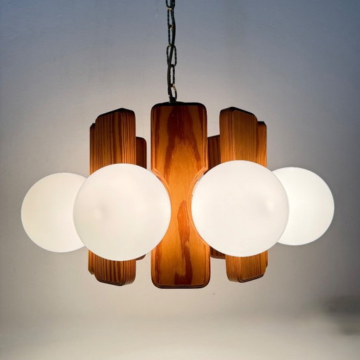 Vintage pine wooden chandelier with glass globes , 1970s