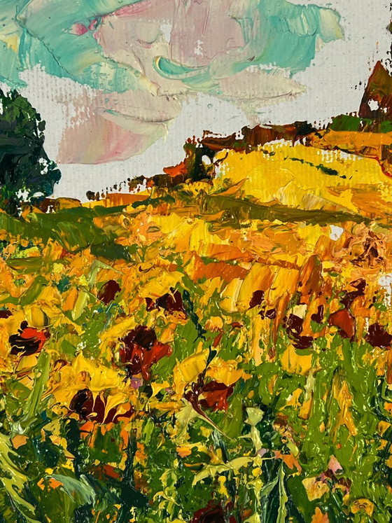 Image 1 of Peinture à l'huile originale, paysage naturel, tournesols d'été dans un champ