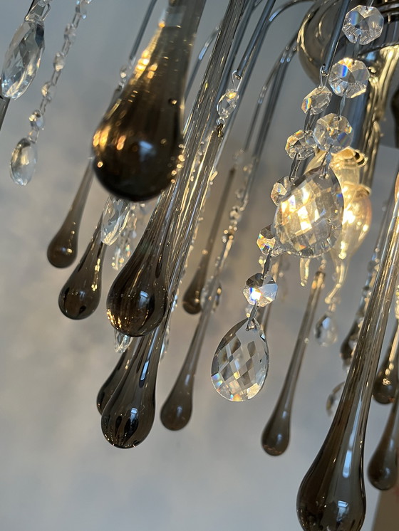 Image 1 of Lampadario a goccia XXL di design con gocce di cristallo e struttura cromata, italiano