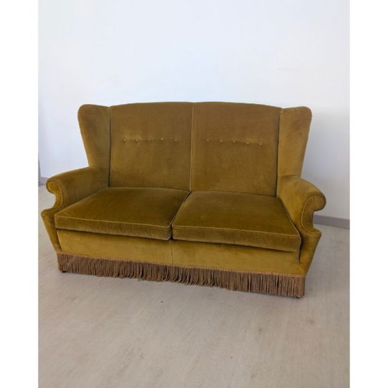 Image 1 of Two-seater sofa with fringes in ochre velvet (1960s)