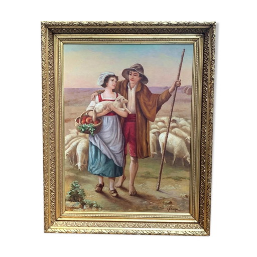 Painting "Romantic Scene" - End of the 19th century – schilderijen tekeningen, Canvas