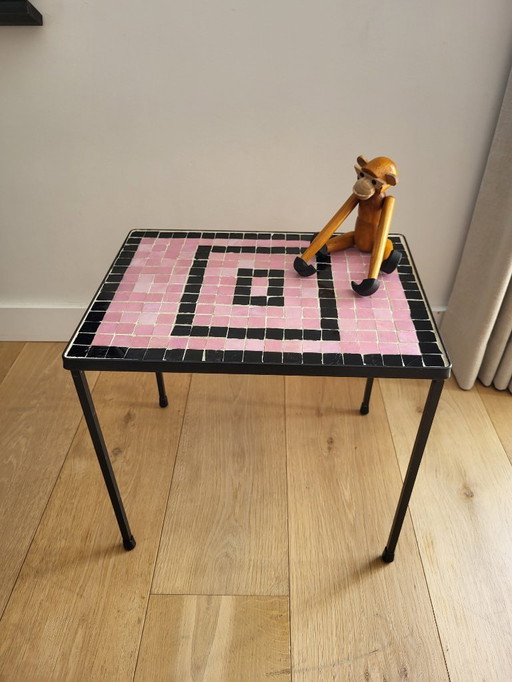 Vintage plant table with tiled mosaic top in pink and black color, 1960s