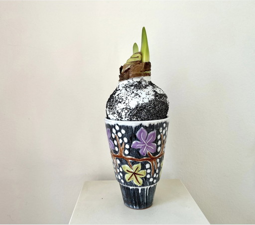 Vase Laholm Alingsås Ceramic, Stoneware, Wicker Motiv, Illustration, Vintage Retro 70S