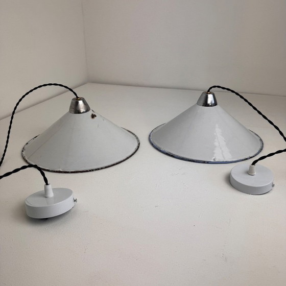 Image 1 of PAIR OF INDUSTRIAL CONICAL ENAMELED PENDANTS