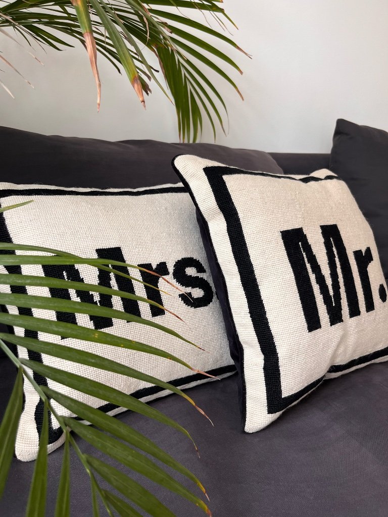 Jonathan Adler Mr & Mrs Needlepoint Cushion | Luxury Wool