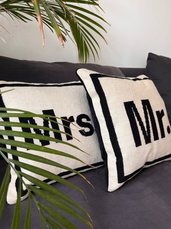 Image 1 of Jonathan Adler Mr & Mrs Needlepoint Cushion | Luxury Wool Embroidered Designer Pillow | Iconic Statement Home Decor 40x40 | New
