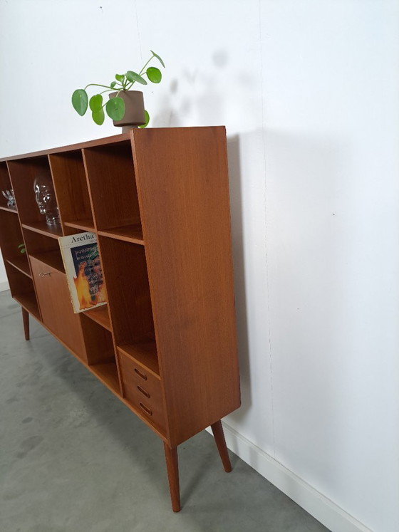 Image 1 of Danish teak wide LP cabinet with shelves, drawers and bar with mirror