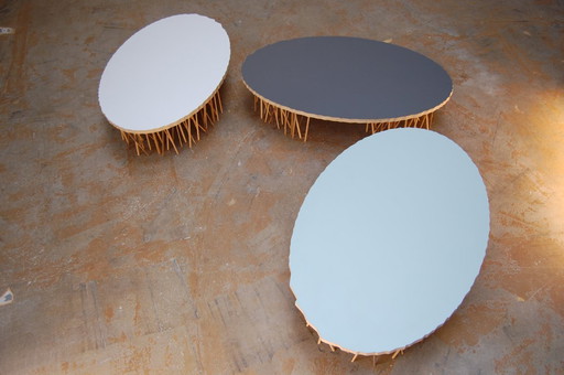 3x coffee tables 100&ONE in colors white, petrol and storm