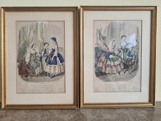 Coppia di incisioni (1858-1860) Anaïs Toudouze e J. Desjardins Set di 2 incisioni su acciaio colorate a mano (photo 4 of 8)