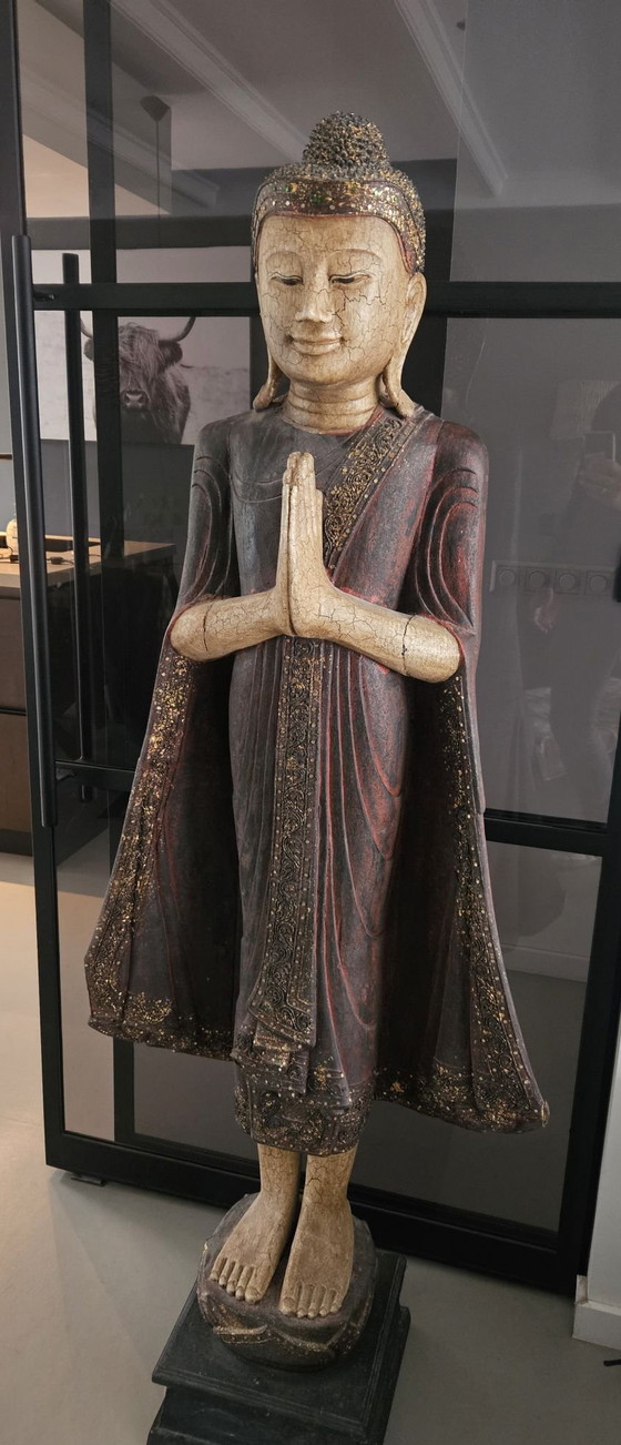 Monumental Old Burmese Mandalay Buddha Teak Wood 177 cm, Decorative Objects, Multi Color (photo 9 of 14)
