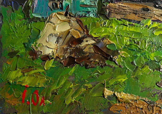 Image 1 of Original Oil Painting Sunset Village Landscape Evening cold breeze