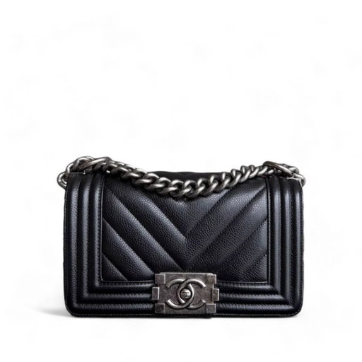Chanel Boy Small - Caviar 20cm Chevron Grained Calfskin Black Leboy Ruthenium Silver Hardware Series 28