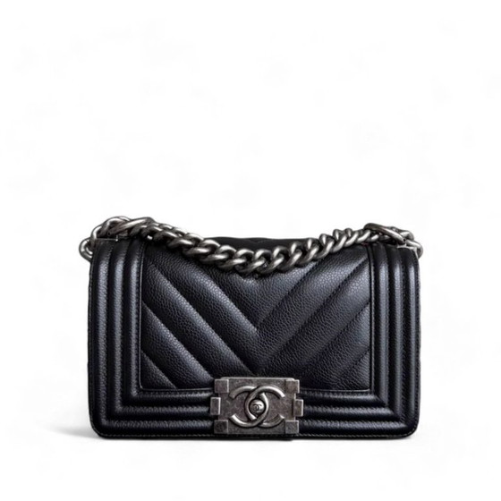 Image 1 of Chanel Boy Small - Caviar 20cm Chevron Grained Calfskin Black Leboy Ruthenium Silver Hardware Series 28