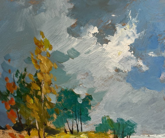 Image 1 of Original Oil Painting Autumn Nature Landscape Autumn trail with fallen leaves