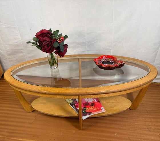 Image 1 of Mid-Century Retro Vintage Oak-Style Coffee Table by Nathan Furniture  Edged Glass Top • British Design Classic • Timeless Statem