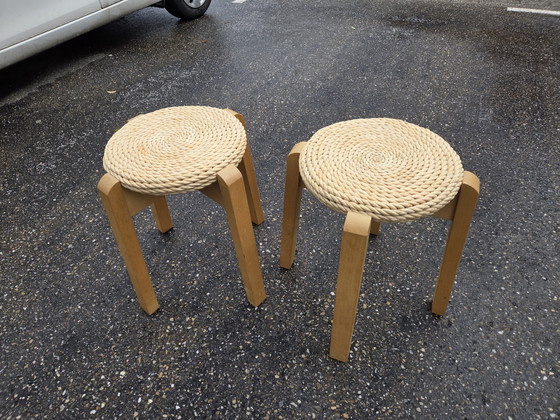 2x Tabourets Scandinaves Vintage en Jonc – Textile, Wood (photo 2 of 7)