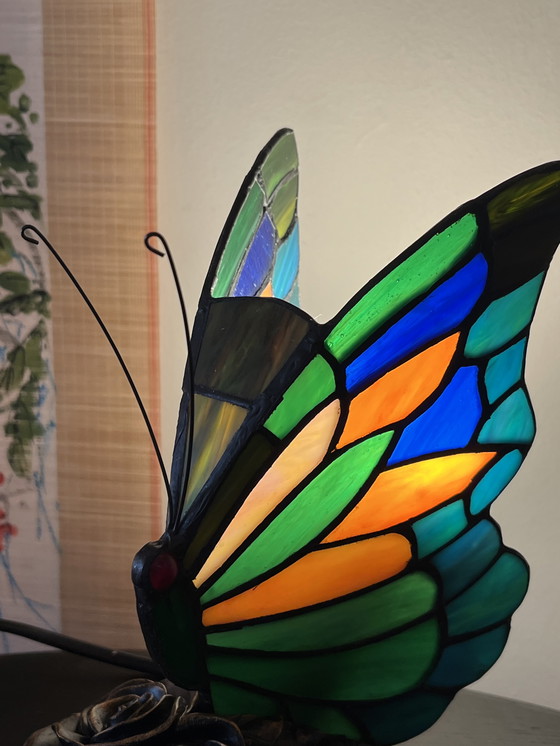 Image 1 of Set of 2 Stained Glass Table Lamps Butterfly Lamps
