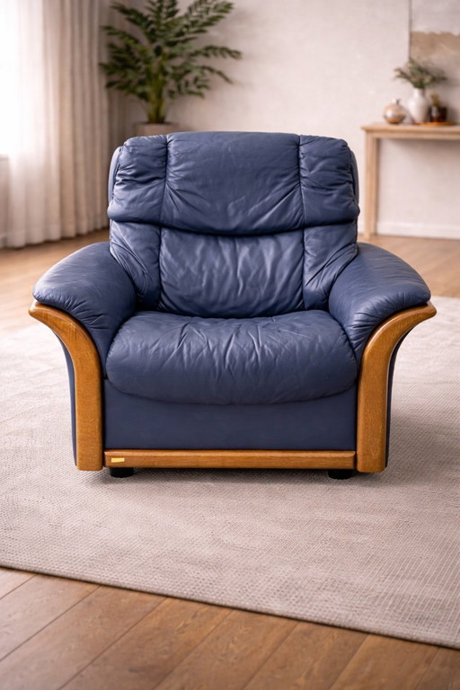 Ekornes Stressless — Lot de 4 fauteuils pivotants réglables — Cuir bleu et hêtre