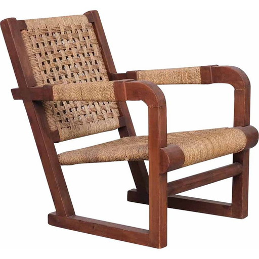 Poltrona francese vintage Art Déco in corda e legno di Francis Jourdain, anni '30