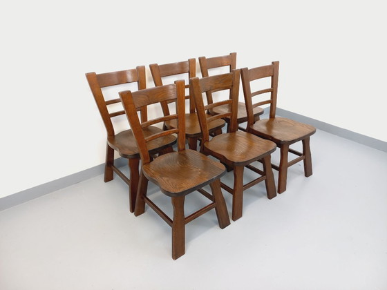 Image 1 of Set of 6 vintage brutalist oak chairs from the 1950s