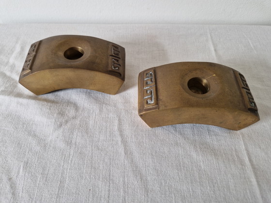 Image 1 of Portacandele brutalisti di metà secolo - Ottone/Bronzo massiccio - Anni '60/'70 (Set di 2) - Design scandinavo