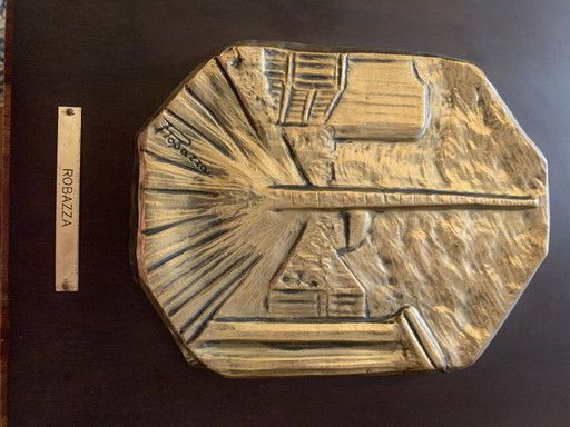 Bronze Plaque on Wood - Mario Benedetto Robazza (1934-2020) - Brutalist Relief Infrastructure - 1970s - 22x18 (photo 2 of 8)