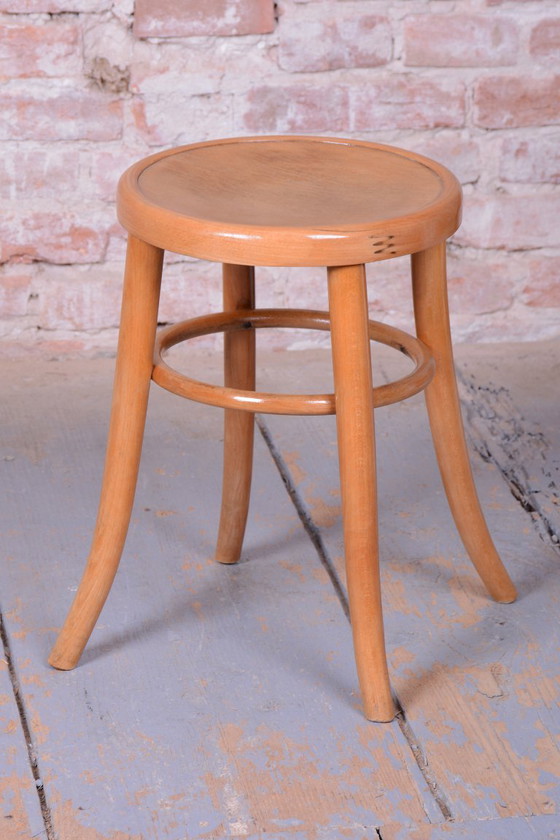 Restored Mid-Century Stool, Sold Beech, Plywood, Repolished, Czech, 1950s, Brown (photo 2 of 7)