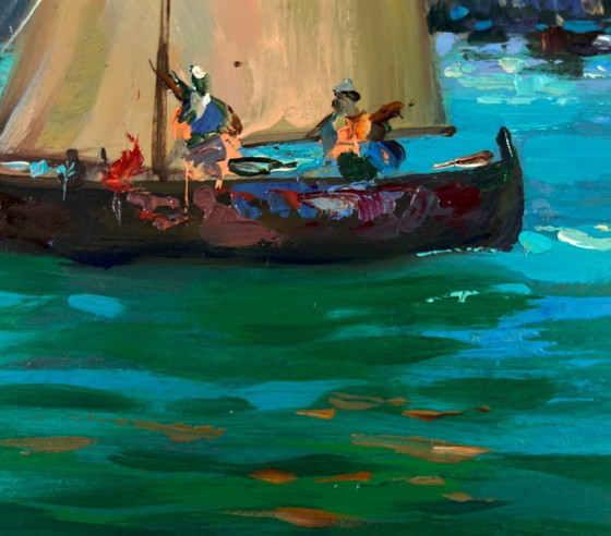 Image 1 of Original Oil Painting Gloomy City Landscape Fishermen greet the dawn at sea