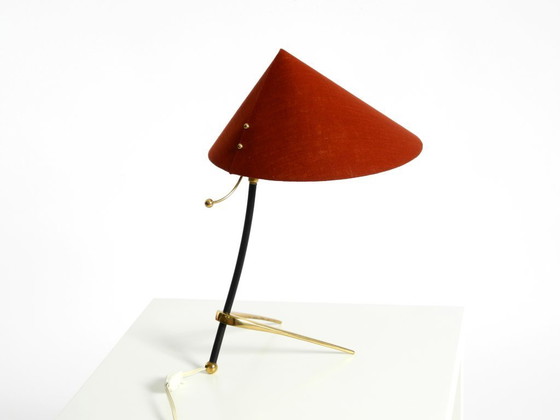 Image 1 of Beautiful, large, original Kalmar Mid-Century Modern tripod brass table lamp with a new fabric shade