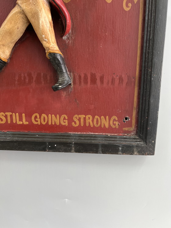 Image 1 of JOHNNIE WALKER – Original vintage wooden plaque with 3D relief figure “The Striding Man” (ca. 1970s)