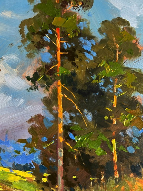 Image 1 of Peinture à l'huile originale, paysage d'été, vaches se promenant dans la nature