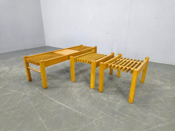 Image 1 of Set di tre supporti per piante in legno, stile metà secolo, Cecoslovacchia anni '70