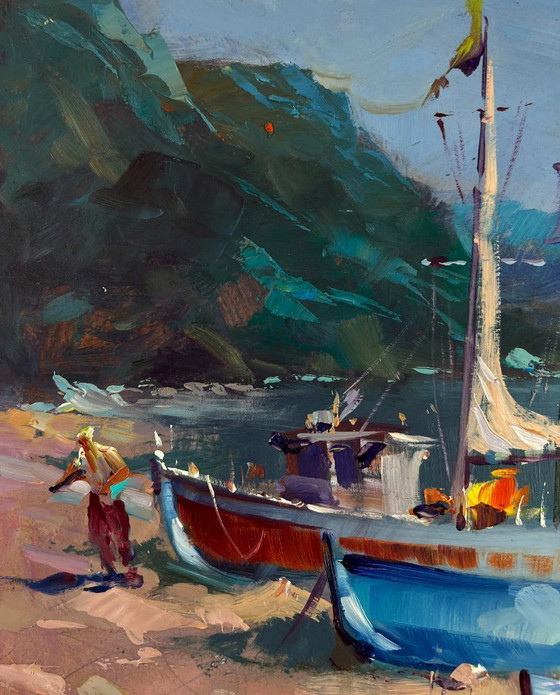 Image 1 of Original Oil Painting Summer Coastal Landscape Fishermen under the light of the sea