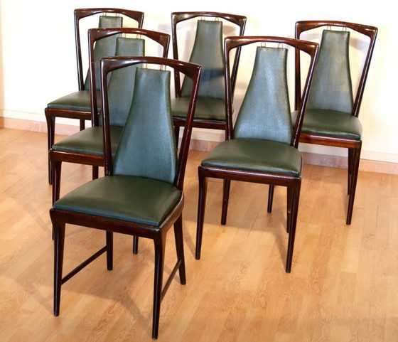 Image 1 of Set of 6 mid-century chairs by Osvaldo Borsani, Atelier Borsani Varedo, mahogany, rosewood, leather, and brass, Italy, 1950s