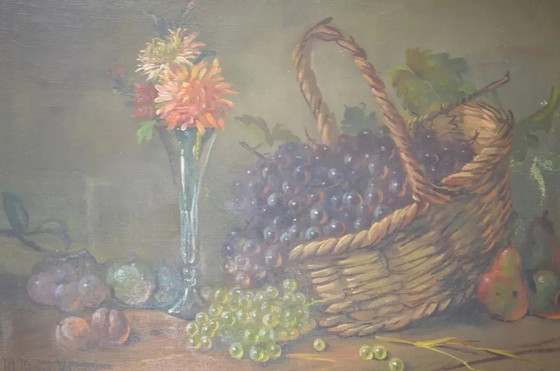 M. Maton-Wicart (XX Secolo) "Natura Morta con Cesto d'Uva" Olio su Tela, Firmato – Dipinti e disegni, Canvas (photo 2 of 11)