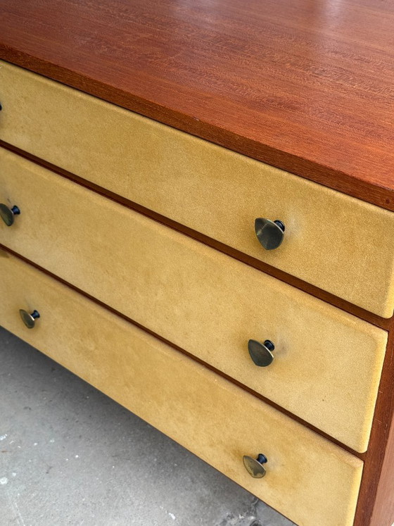 Image 1 of Enfilade commode coiffeuse Roger Landault années 50/60 suédine jaune