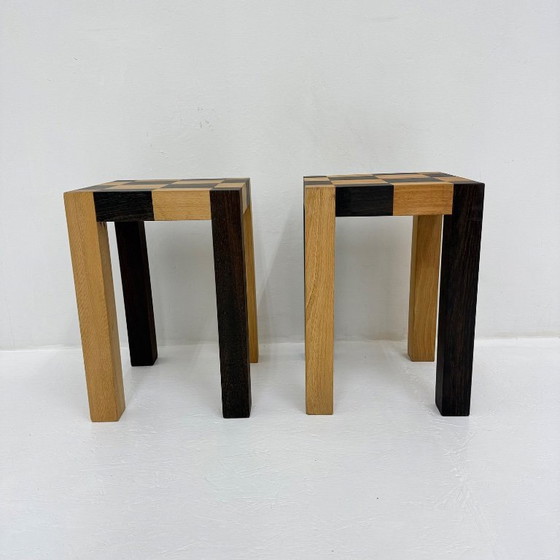 Image 1 of Set of 2 vintage wooden side tables, brown and light wood