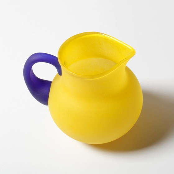Image 1 of Small Vintage Frosted Glass Yellow and Blue Pitcher for Milk or Juice / Kosta Boda / Sweden / 1990s