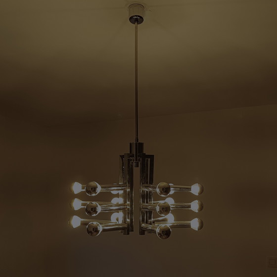 Image 1 of Lustre spoutnik/orbite chromé vintage avec 18 points lumineux - Sciolari for Cosack