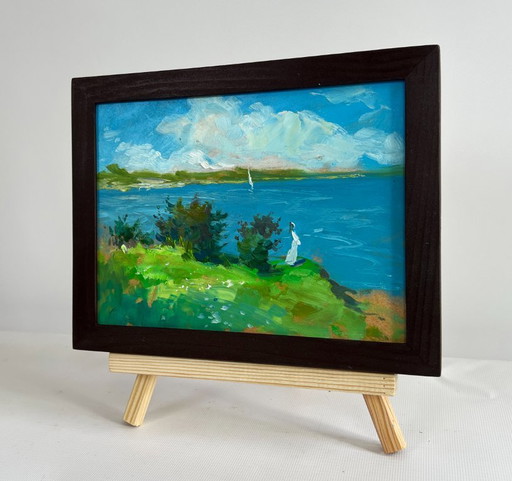 Original Oil Painting Summer River Landscape Fresh summer wind