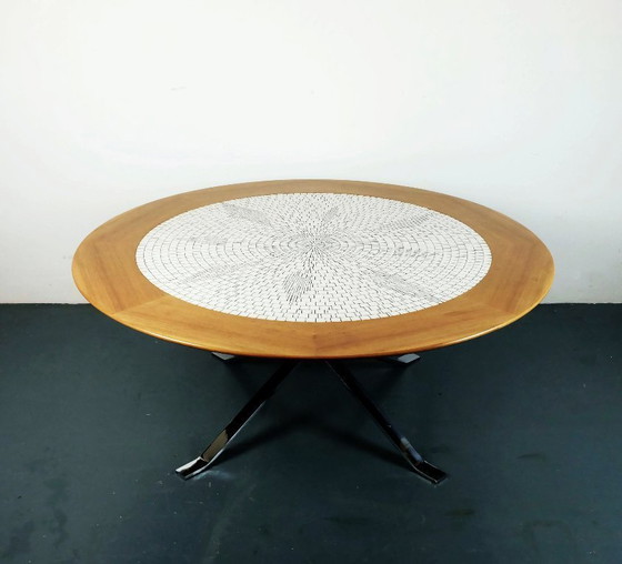 Image 1 of large round 60s mosaic tile top coffee table white mosaic walnut frame chrome base