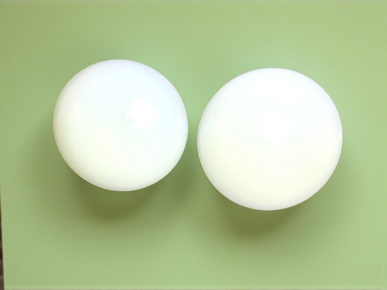 Image 1 of Pair of Art Deco style white opaline glass flush mount ceiling or wall lights 30 and 27cm