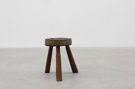 Image 1 of Brutalist French Solid Oak Tripod Stool with Metal Rim, 1850s