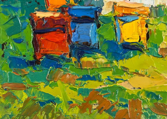 Image 1 of Original Oil Painting Summer Village Landscape Where childhood is on the grass