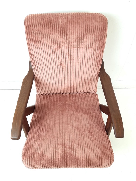 Image 1 of Vintage teak houten fauteuil | fauteuiltje roze nieuw