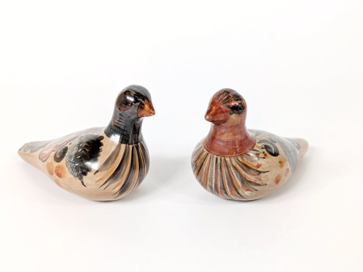 Pair of Mexican Tonala Pottery Doves | 1970s Hand Painted Folk Art Figurines