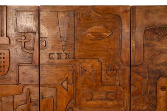 Image 1 of Sieg von Segonzac. Geschnitztes Holz-Triptychon. Zeitgenössisch.