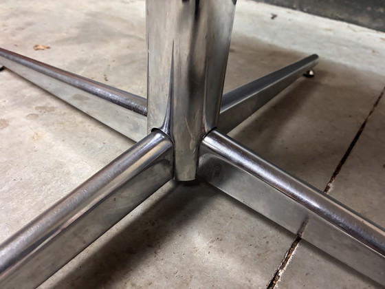 Image 1 of Round oak dining table with chrome base, vintage